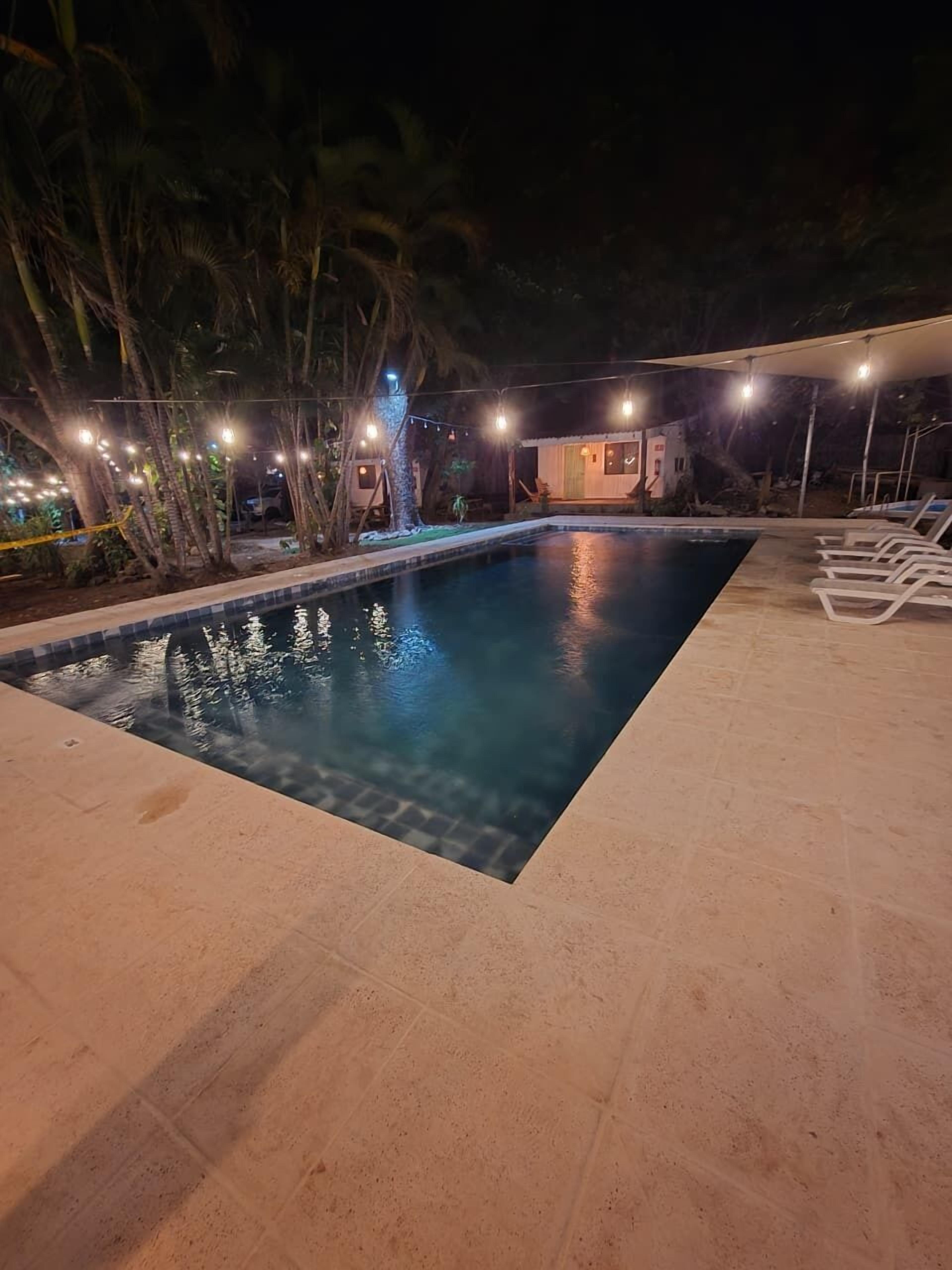 A rectangular swimming pool with a tiled deck, surrounded by palm trees and string lights.