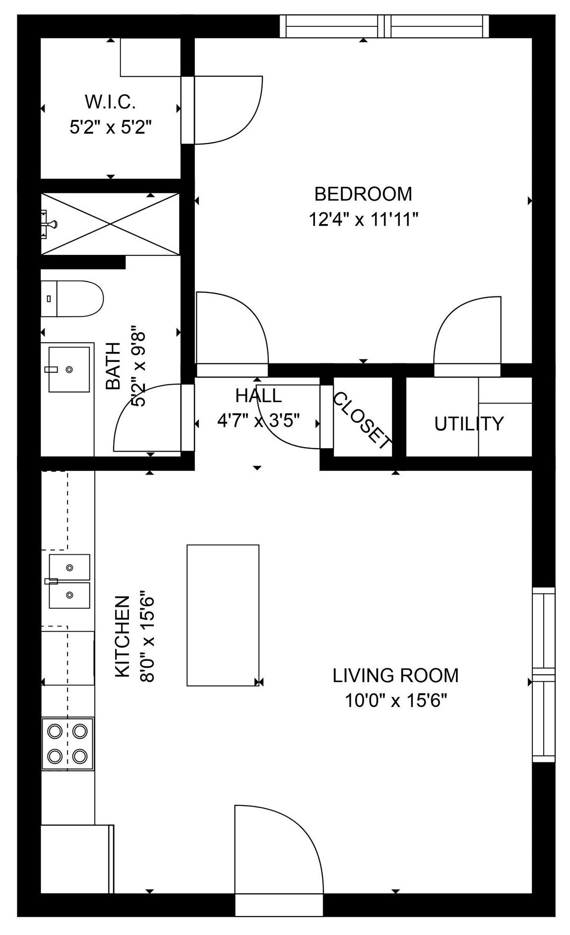 A floor plan with a bedroom (12'4" x 11'11"), a living room (10'0" x 15'6"), a kitchen (80" x 15'6"), a bathroom (5'2" x 9'8"), a hall (4'7" x 3'5"), and a utility room.