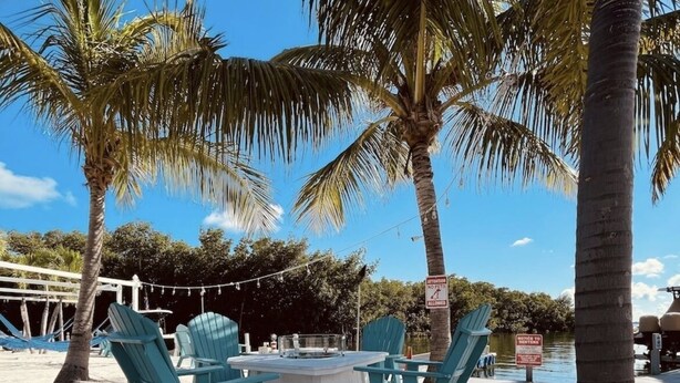A beachside dining area with a table and chairs, surrounded by palm trees and a clear sky. - Book now! Special prices for the holidays and 2026 rentals! (Key Largo)