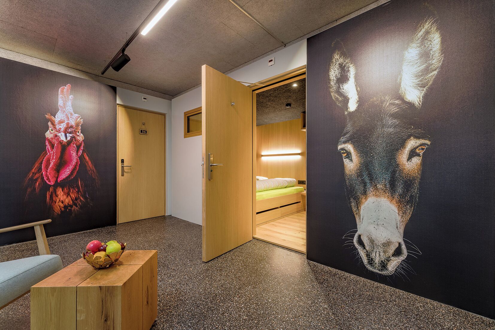 A hotel room with a bed, a wooden door, and a wall with a large animal print.