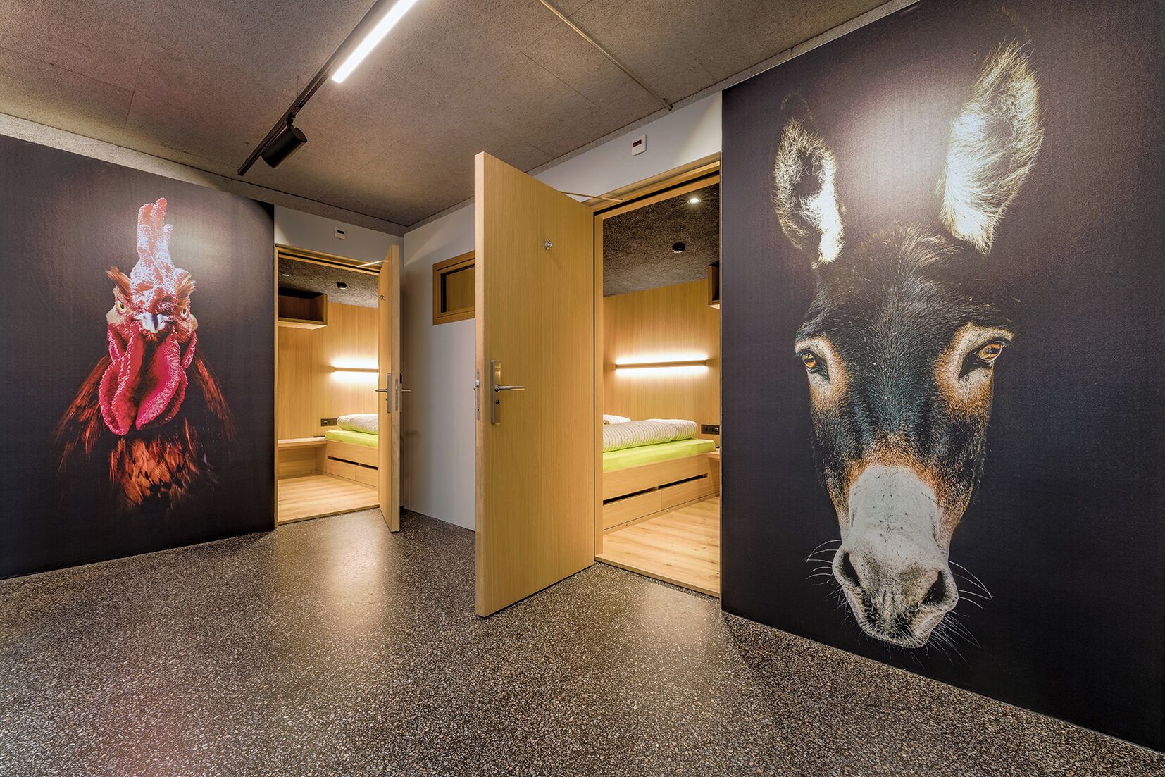 A hallway with a bed, a door, and a wall with a rooster and donkey mural.