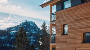 Un edificio moderno de madera con amplios ventanales, con una imponente montaña nevada al fondo.