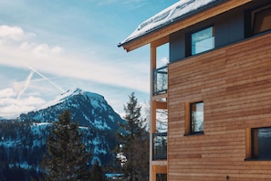 A modern wooden building with large windows, set against a snowy mountain backdrop. - Luxury Chalet with Sauna & Hot tub (Steiermark)