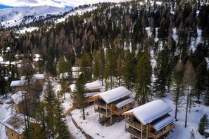 Un grupo de cabañas de madera con techos nevados, rodeadas por un bosque denso y montañas nevadas al fondo.