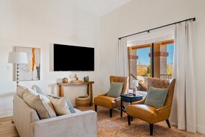 Smart TV, fireplace, books, computer monitors