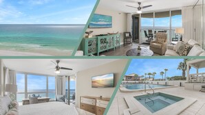 Une chambre d’hôtel avec balcon donnant sur l’océan, un coin repas avec vue et un espace piscine avec jacuzzi.