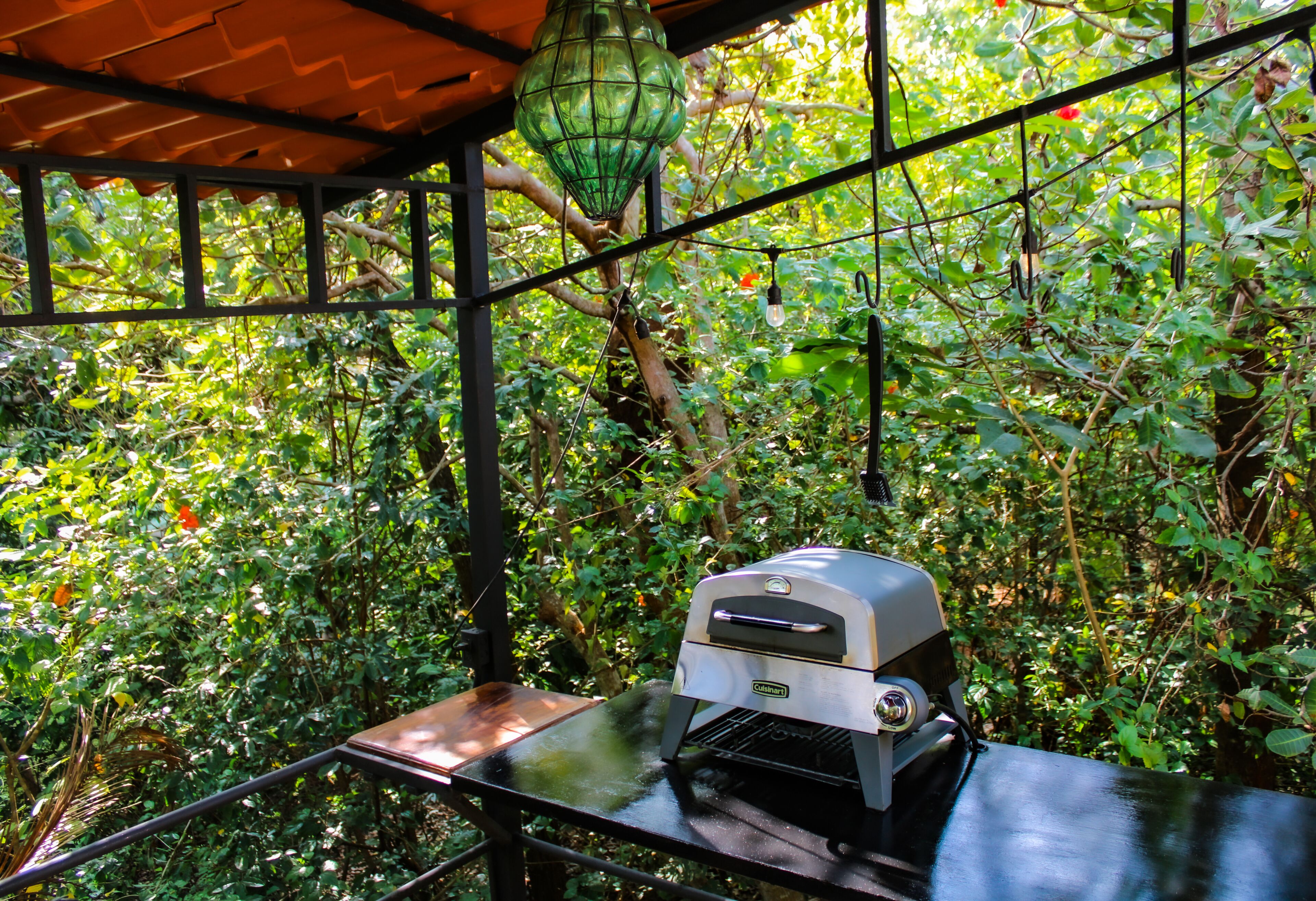 Een terras met een barbecue en een tafel, omringd door weelderige beplanting.
