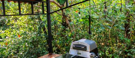 Een terras met een barbecue en een tafel, omringd door weelderige beplanting.