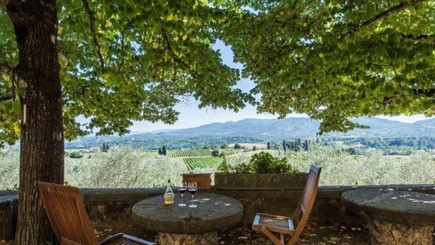 Ein rustikaler Sitzbereich im Freien mit einem Steintisch und zwei Holzstühlen, mit Blick auf einen Weinberg und ferne Berge.