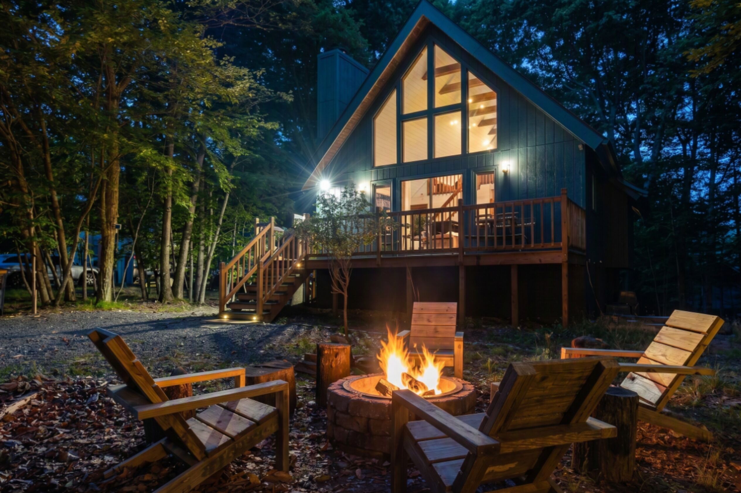 A cabin with a deck, fire pit, and outdoor seating.
