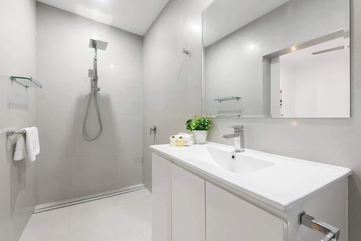 Shower, hair dryer, shampoo