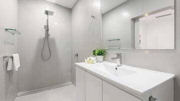 Shower, hair dryer, shampoo