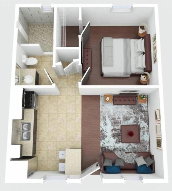 A two-bedroom apartment layout with a kitchen, bathroom, and living area. - Oak's Beautiful Contemporary Suite #10 (Lawton)