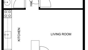 A floor plan with a kitchen, living room, bedroom, bathroom, and hall.