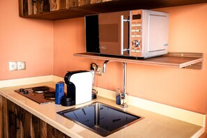 Réfrigérateur, micro-ondes, plaque de cuisson, cafetière/bouilloire