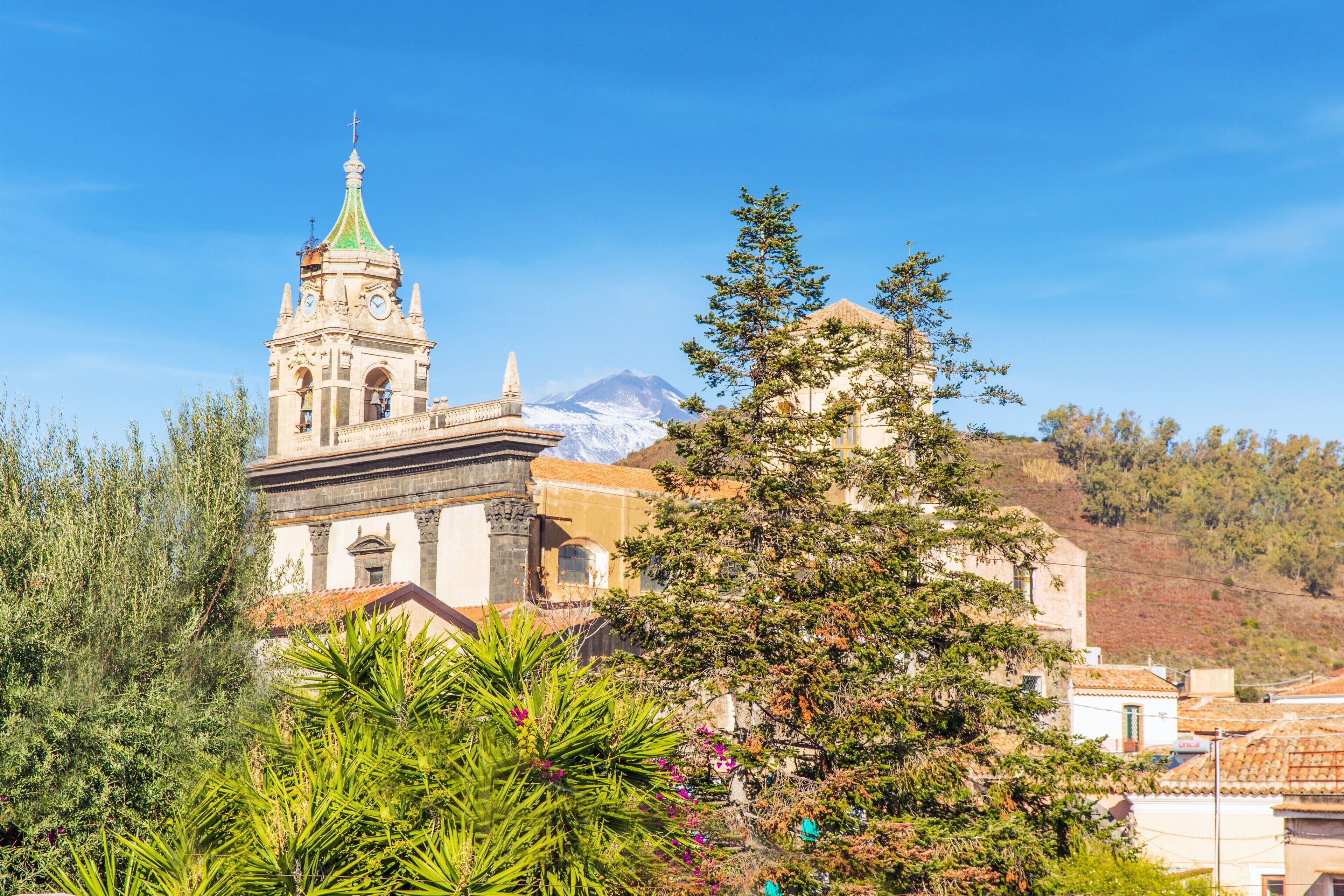 A church with a bell tower, surrounded by greenery and a mountain in the background.