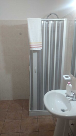 Chuveiro, secador de cabelo, toalhas de banho 