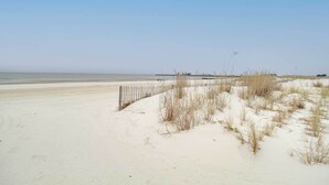 Une plage de sable bordée d’une clôture en bois et où la végétation est clairsemée.