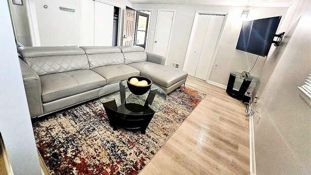 A living room with a grey sofa, a black coffee table with a bowl, a patterned rug, and a television on a stand. - Peace in the City (Decatur)