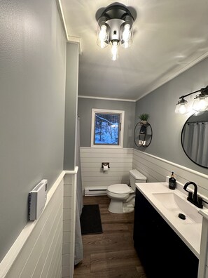 Hair dryer, towels, toilet paper
