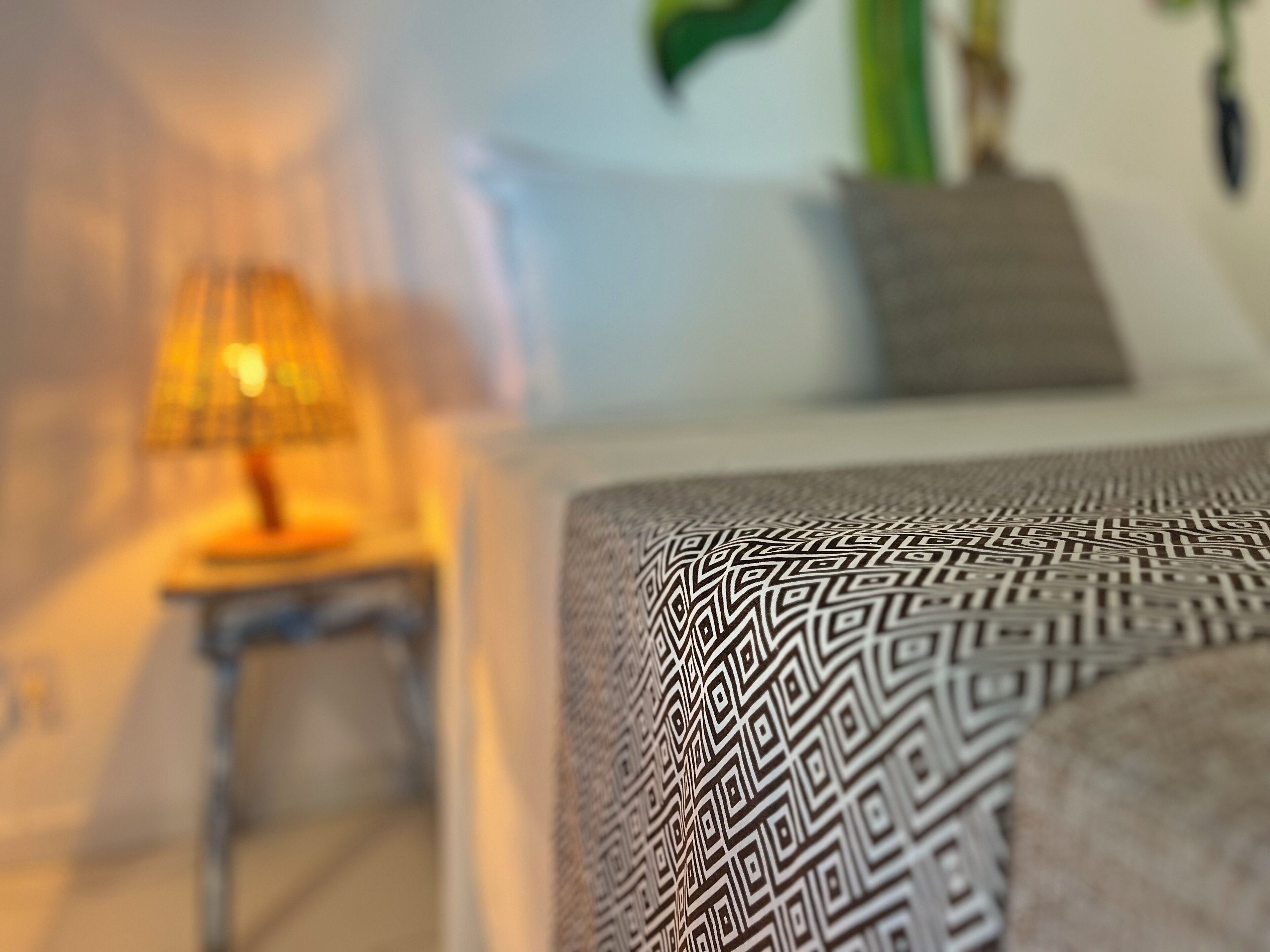 A close-up of a patterned cushion on a sofa, a lamp on a side table, and a plant in the background.