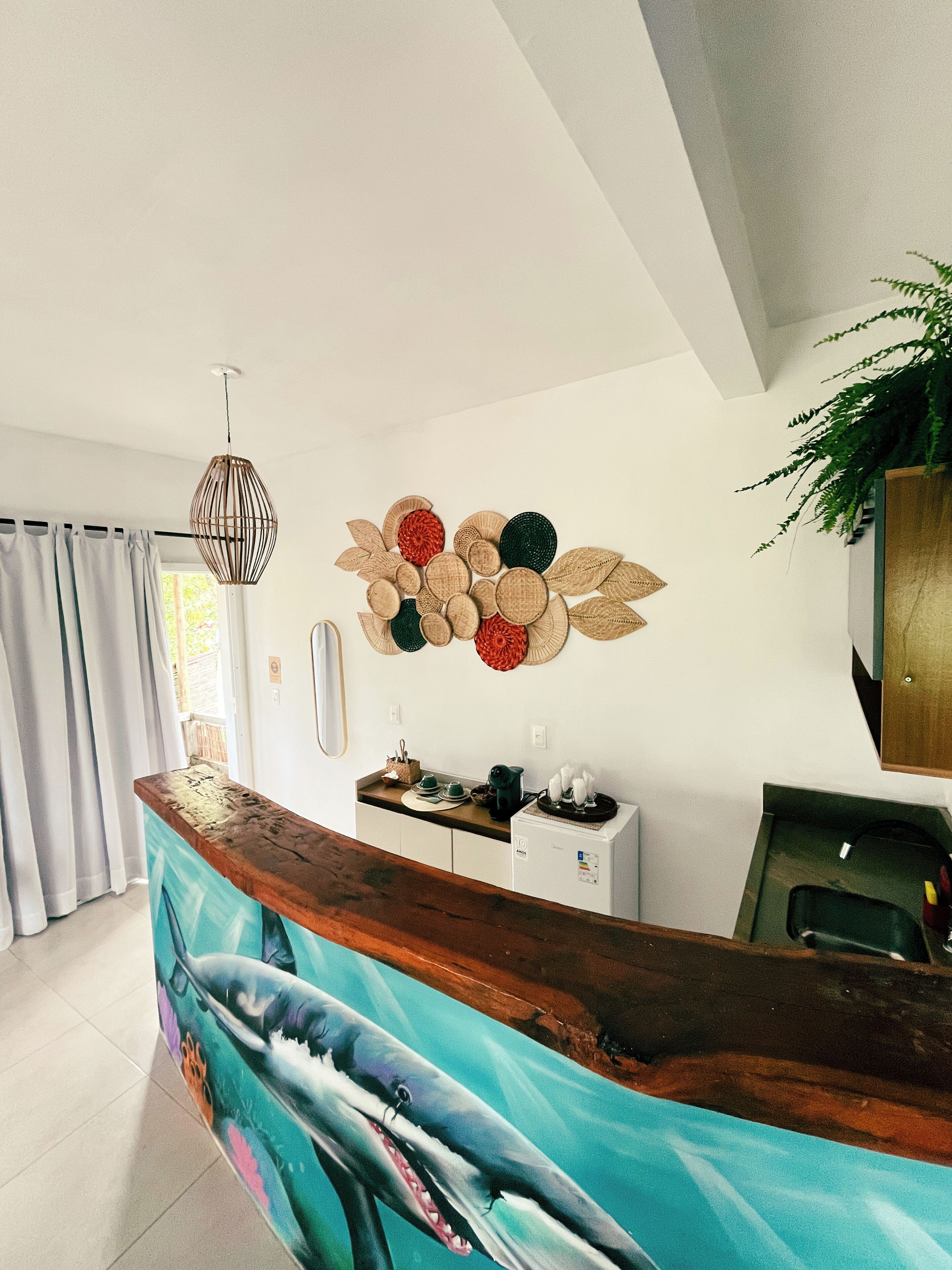 A reception area with a wooden counter, a wall art of circular patterns, a potted plant, and a large shark mural on the wall.