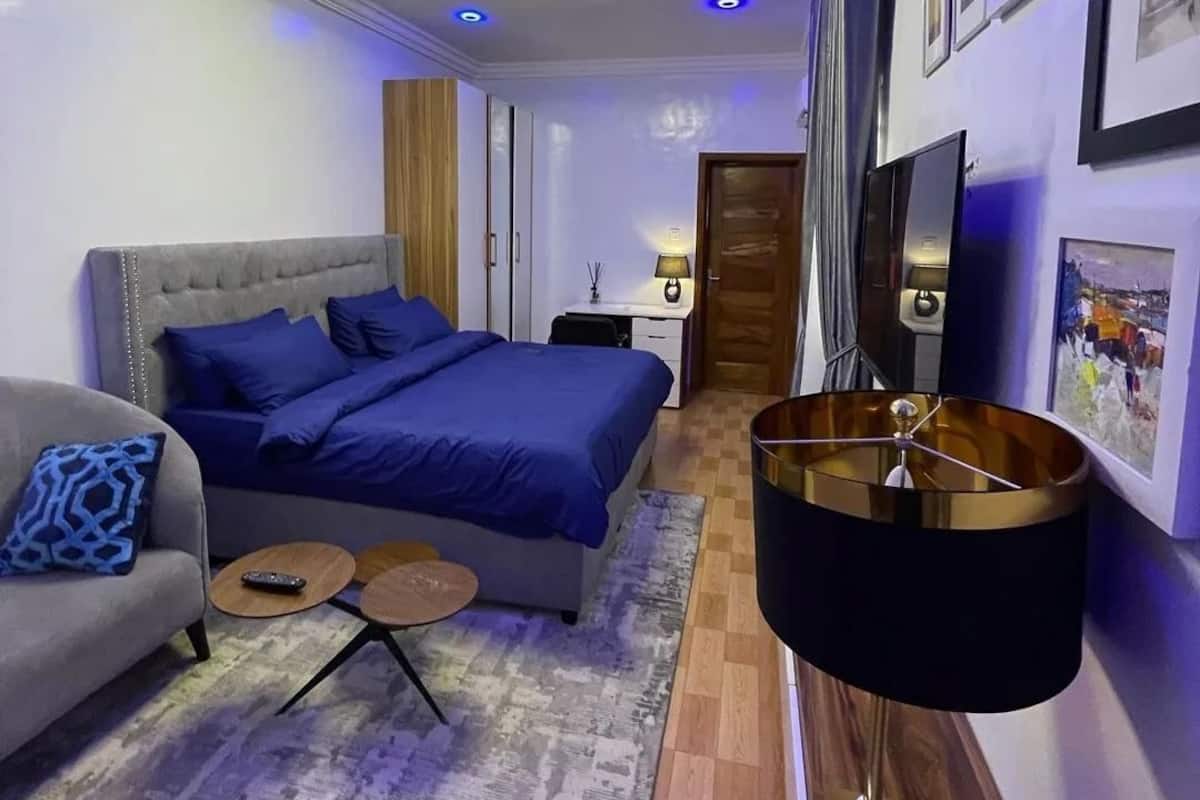 A bedroom with a bed, a sofa, a TV, and a lamp.