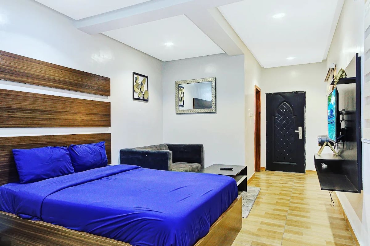 A modern bedroom with a large bed, a TV, and a door leading to another room.
