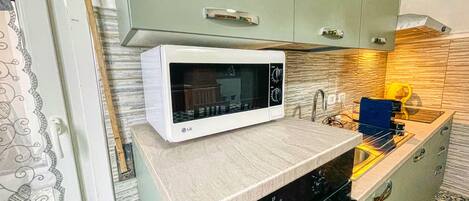 Fridge, microwave, oven, electric kettle