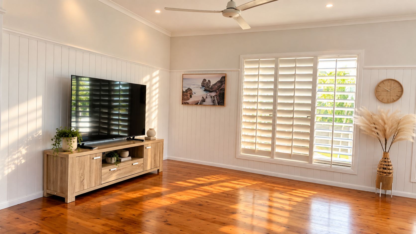 A room with a wooden floor, a television on a wooden stand, a painting on the wall, a window with blinds, and a clock.