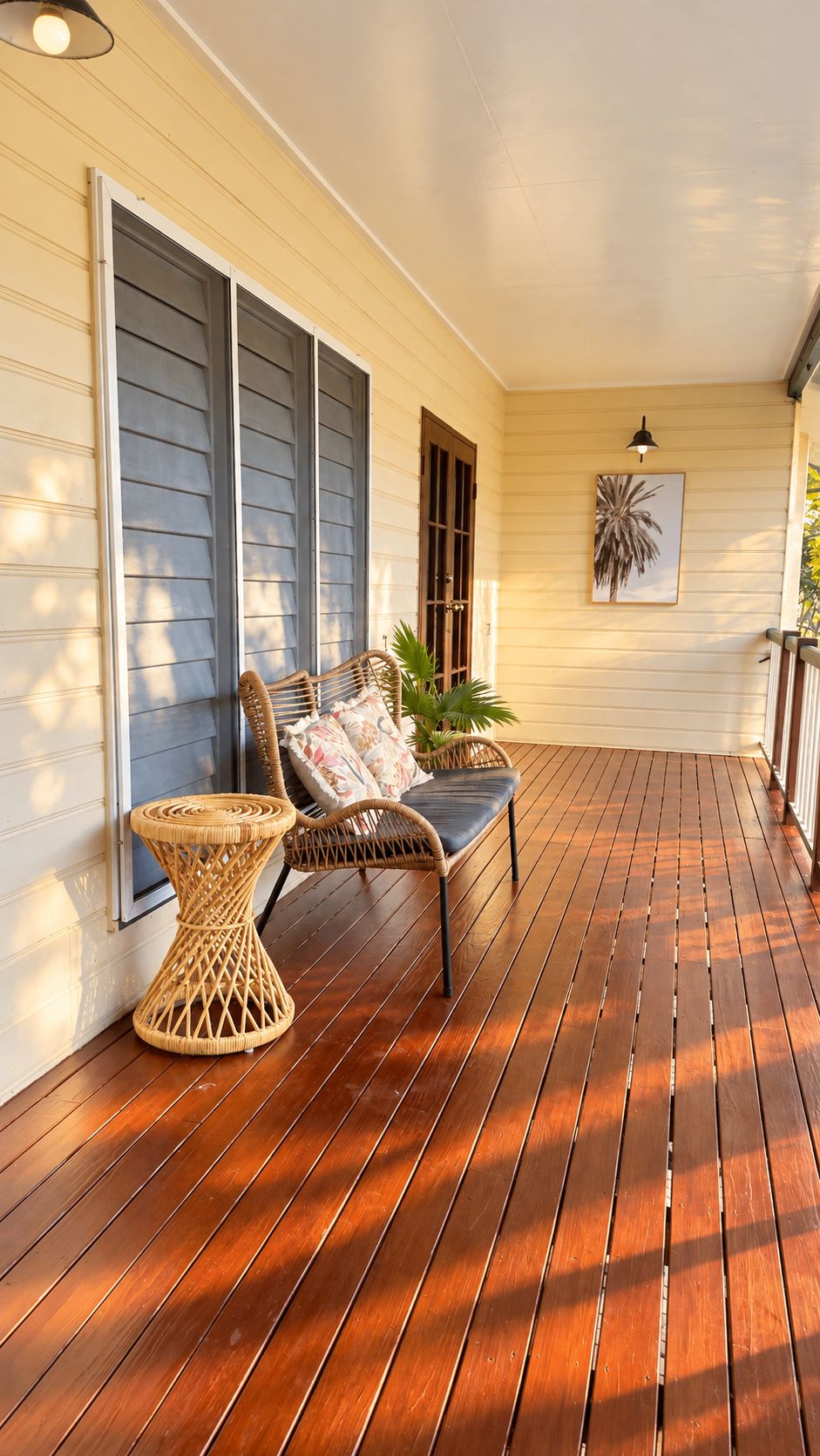 A wooden deck with a bench and a table, a door with a window, and a wall-mounted light fixture.