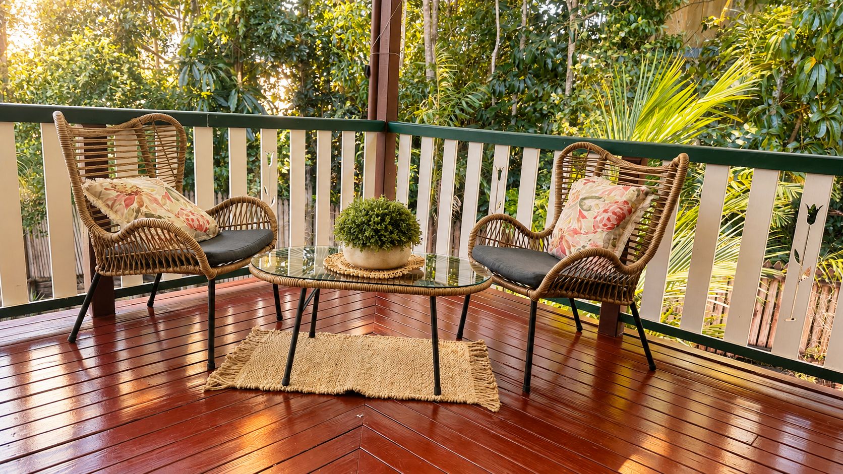 Una terraza de madera con sillas de mimbre y una mesa de vidrio, rodeada por una valla blanca y abundante vegetación.