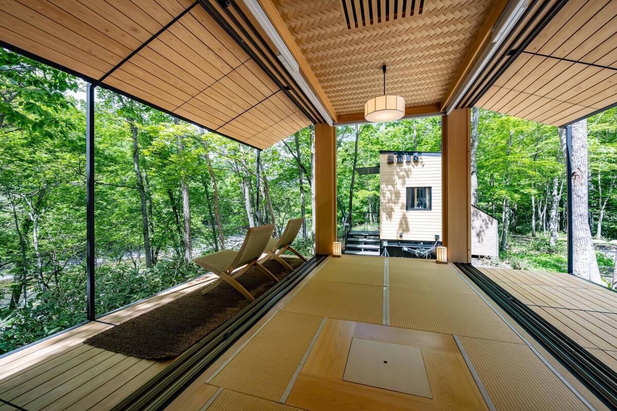 A modern interior with large windows, a wooden ceiling, and a view of a forest.