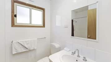 A bathroom with a window, a toilet, a sink, and a mirror.