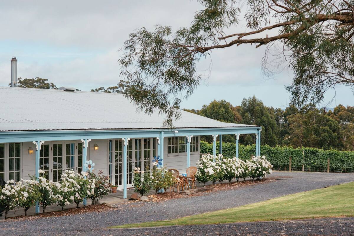 A light blue building with a covered patio area, surrounded by white flowering bushes and a well-maintained lawn.