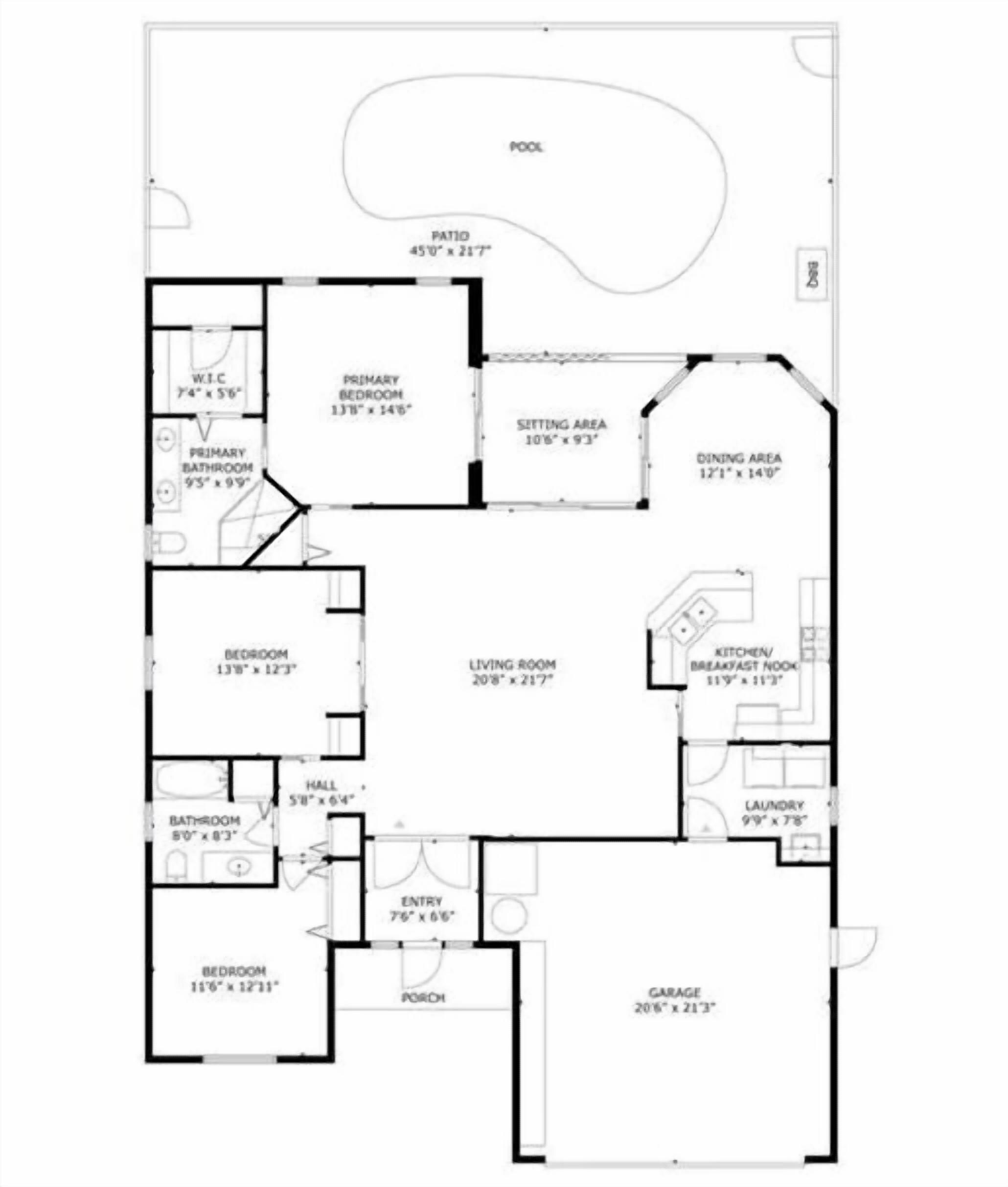 A floor plan with a pool, patio, primary bedroom, sitting area, dining area, kitchen, laundry, garage, and multiple bedrooms.