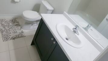 Hair dryer, bidet, towels, soap