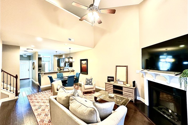 Smart TV, chimenea, libros