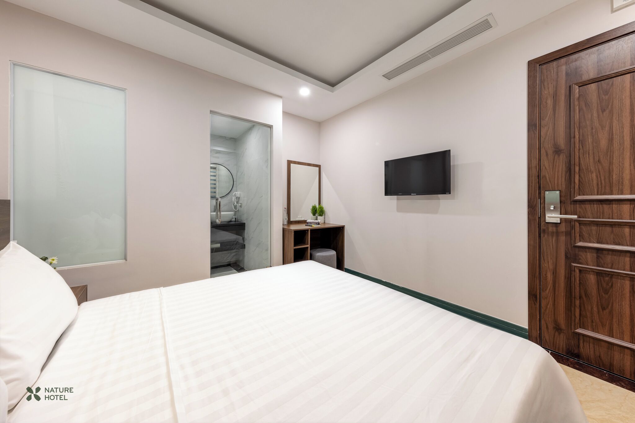 Habitación de hotel con cama, televisión, puerta de madera, espejo, pequeña mesa con planta y armario con ducha.