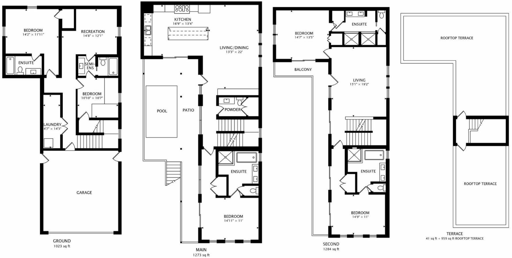 A floor plan of a house with a main living area, kitchen, two bedrooms, a bathroom, a pool, and a garage.