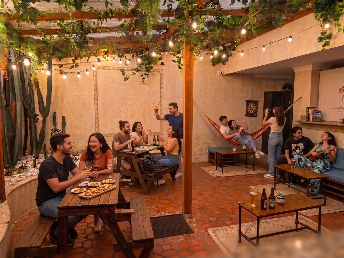 A cozy outdoor seating area with tables, chairs, and a hammock.