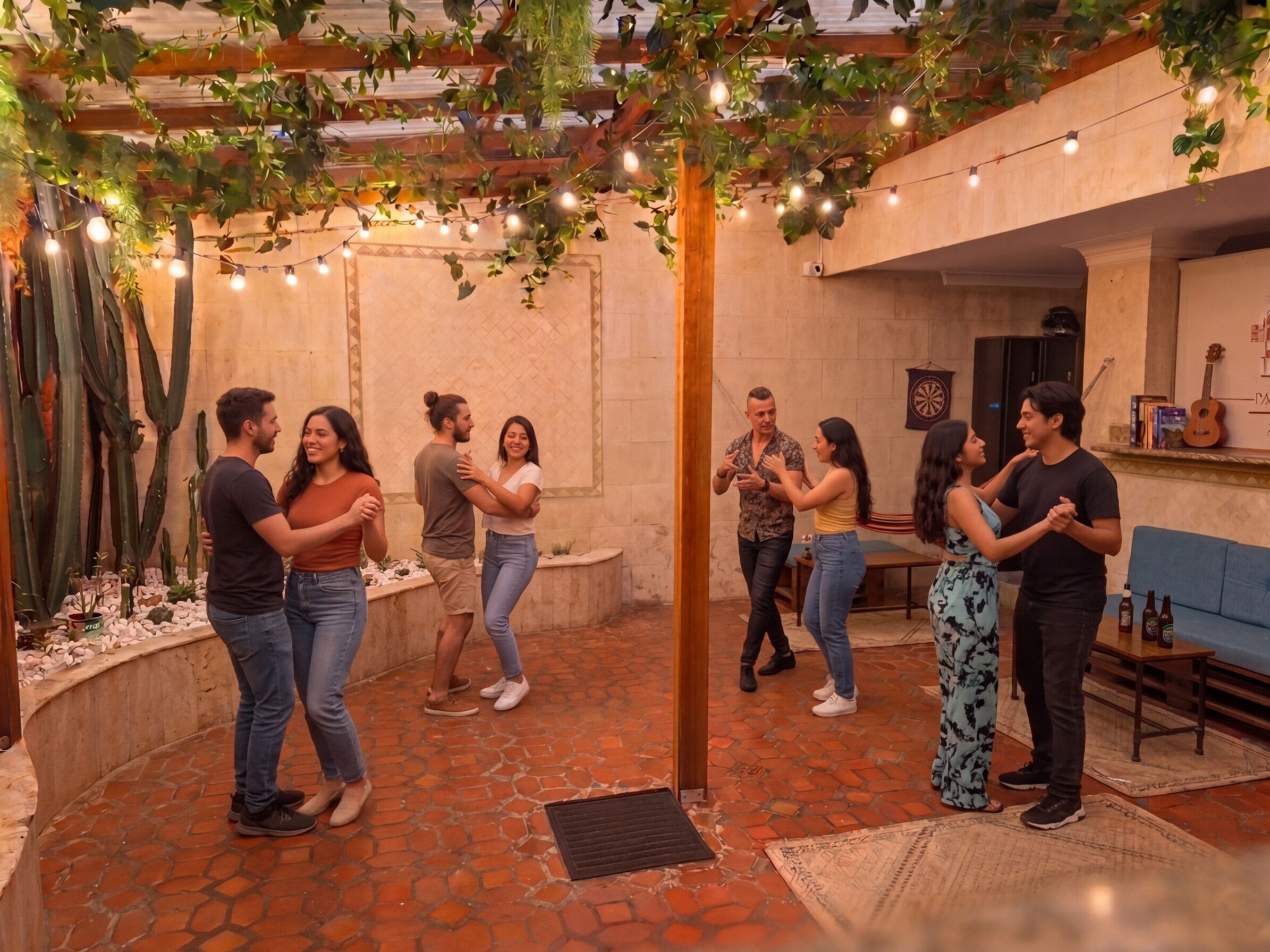 A courtyard with a tiled floor, a wooden pergola with string lights, and a dartboard on the wall.
