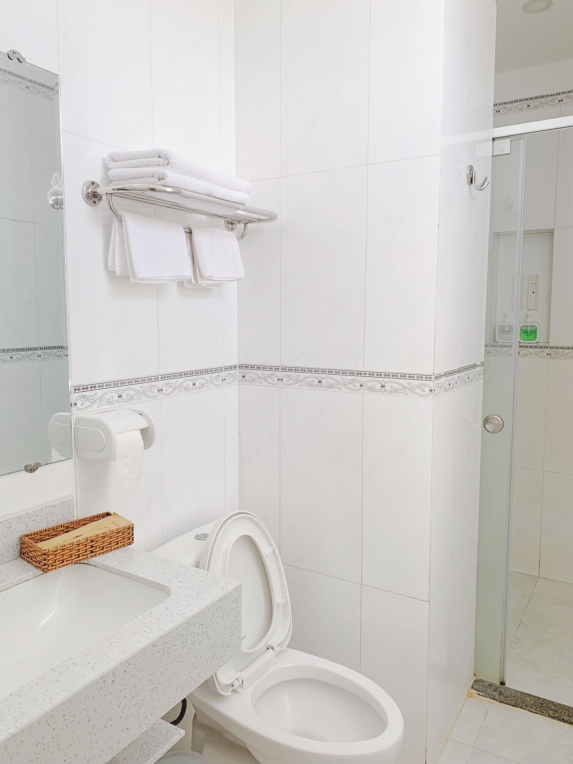 A bathroom with a toilet, a sink, a towel rack, and a shower area.