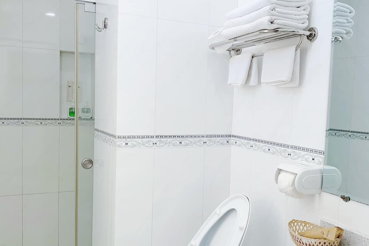 Een moderne badkamer met toilet, een douchecabine van glas en een wastafel met een handdoekhouder erboven.