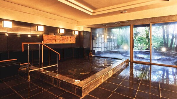 Un área de piscina interior moderna con una pared de vidrio que ofrece vistas a un área exterior arbolada.