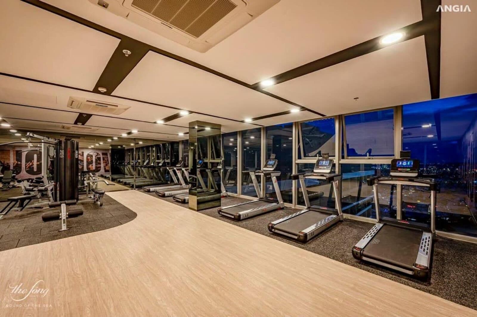 A gym with treadmills, weight machines, and a city view through large windows.