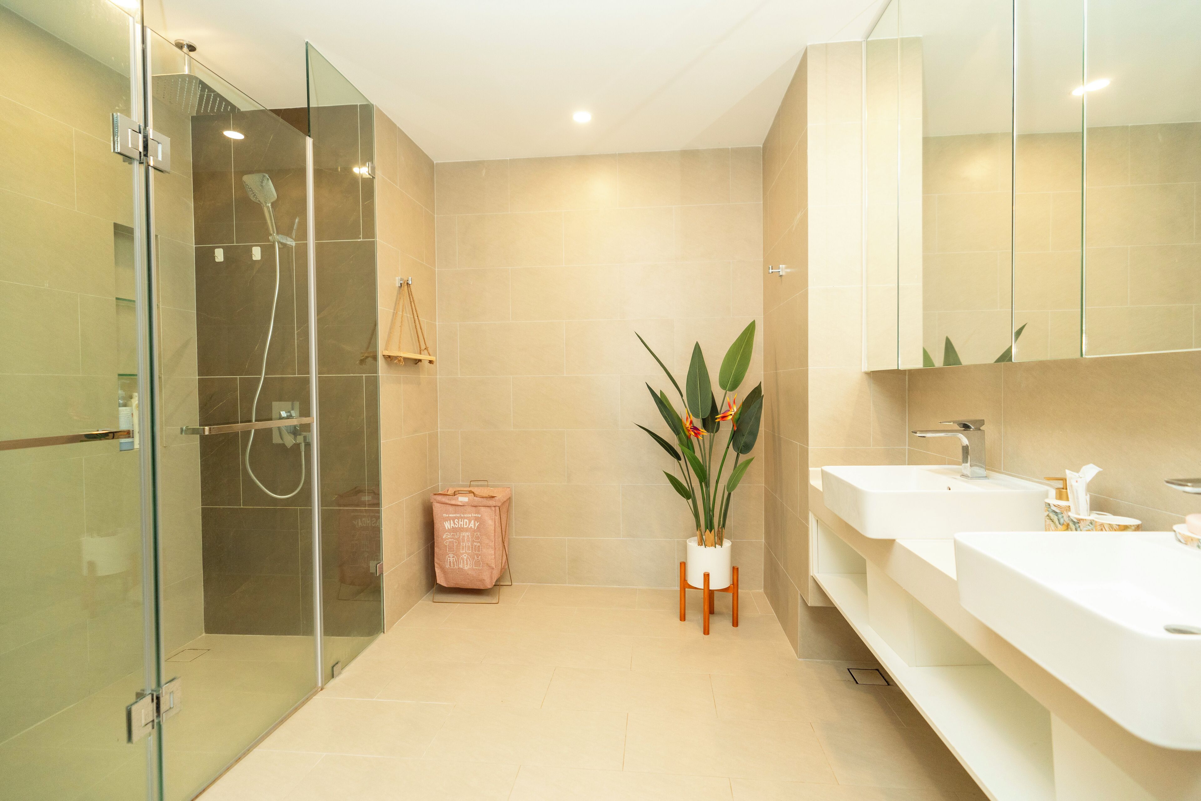 A modern bathroom with a glass shower enclosure, a large mirror, and a potted plant.