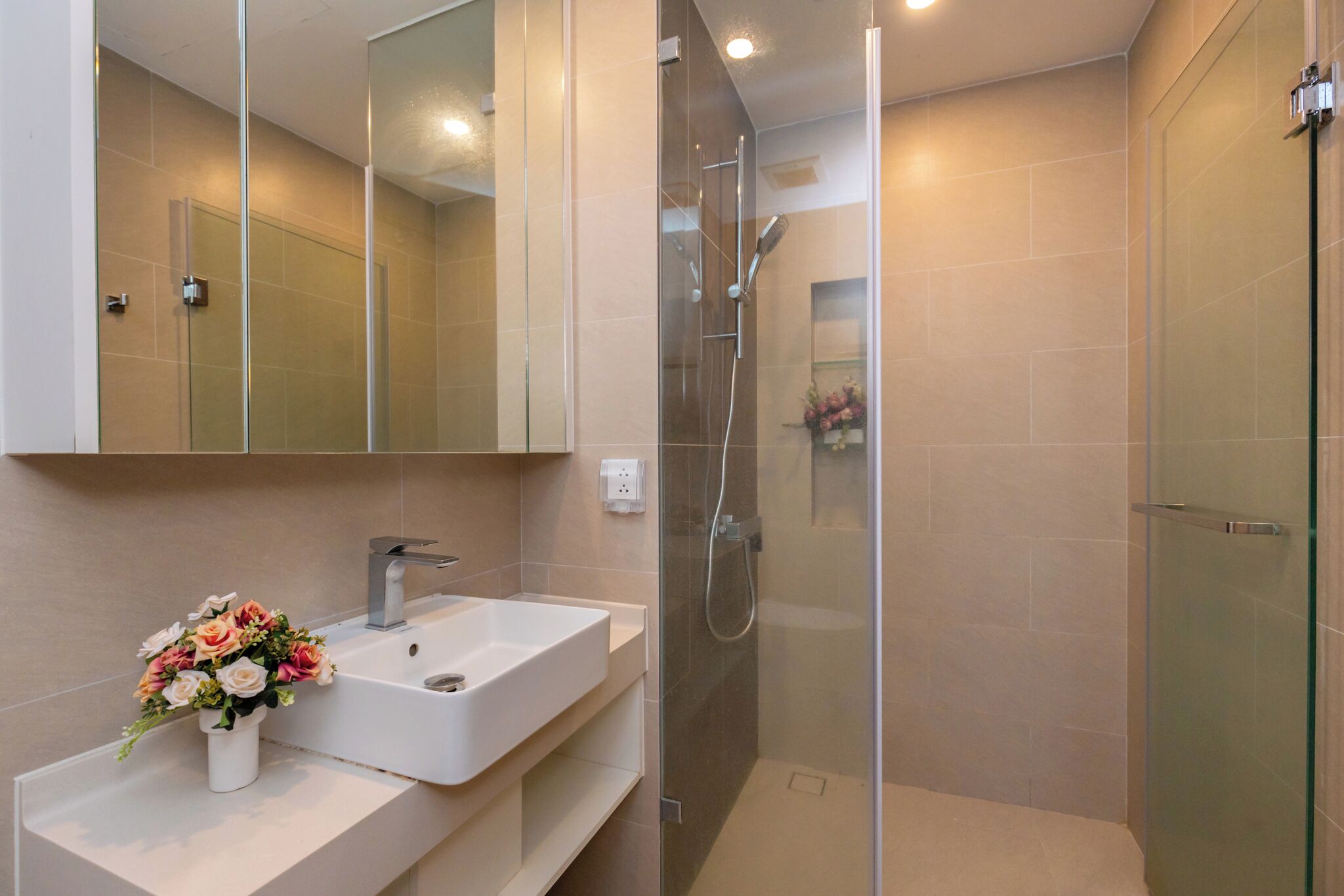 Une salle de bain moderne avec une douche à parois de verre, un lavabo blanc et un miroir au-dessus.