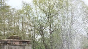 Une fontaine dans un parc, avec un monument en pierre et des fleurs rouges en arrière-plan.