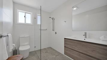Shower, hair dryer, towels, shampoo